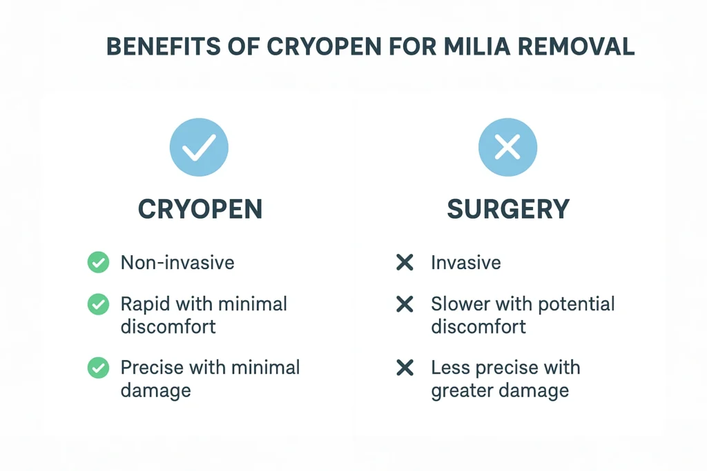 Benefits of cryopen for milia removal Hampstead Garden Suburb compared to surgical treatments.