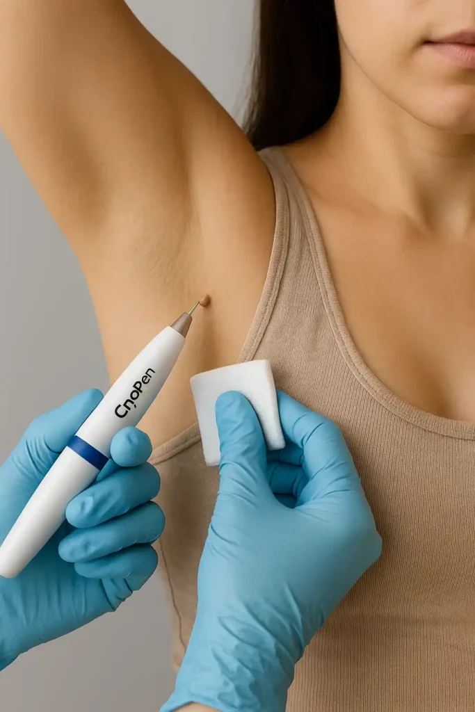 woman having cryopen to remove underarm skin tags Hampstead Garden Suburb