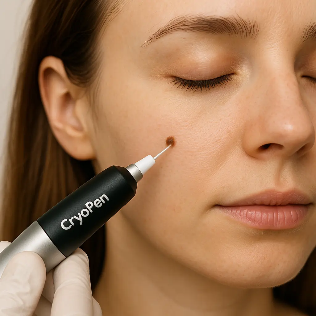 woman receiving facial mole removal Hampstead Garden Suburb using cryopen