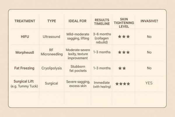 Table showing the comparisons of Skin tightening Hampstead Garden Suburb treatment options.